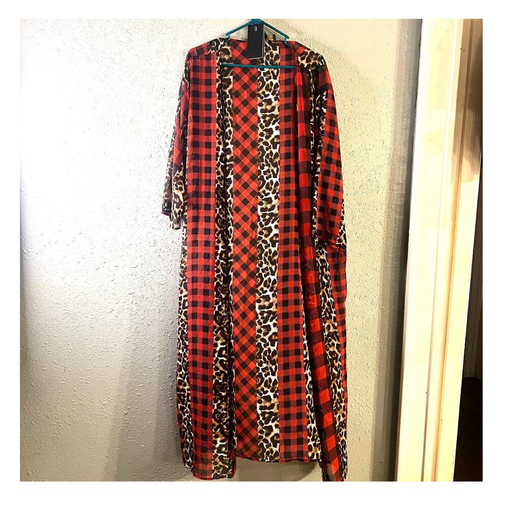 Women’s duster wrap sheer animal print and buffalo plaid red and black 3X boho